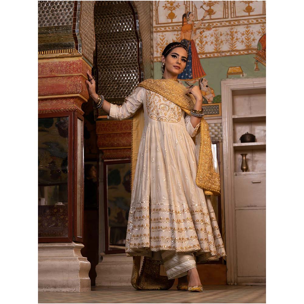 Gulabo Jaipur Nahal White Anarkali (Set of 3)