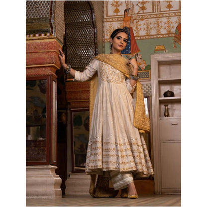 Gulabo Jaipur Nahal White Anarkali (Set of 3)