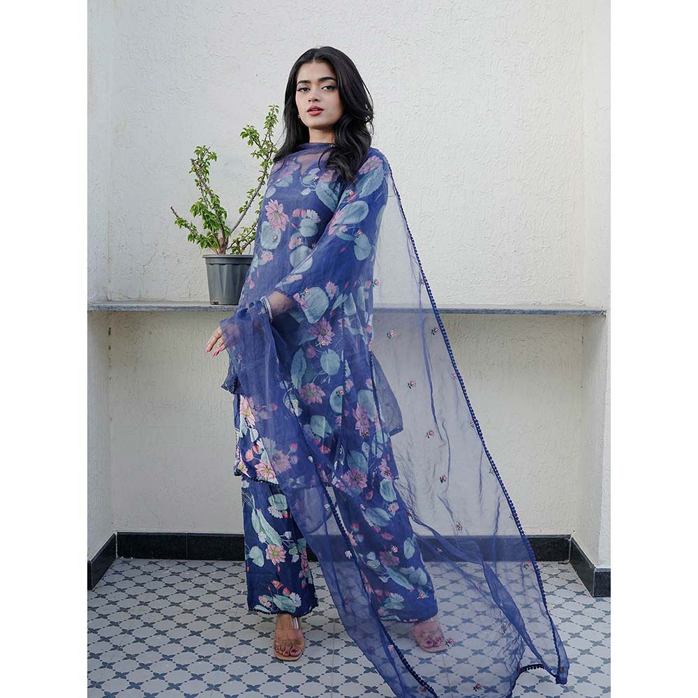 Gulabo Jaipur Muskan Blue Printed Embroidery Kurta (Set of 3)