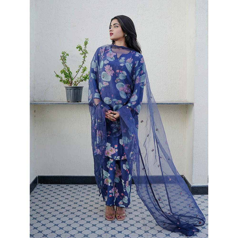 Gulabo Jaipur Muskan Blue Printed Embroidery Kurta (Set of 3)