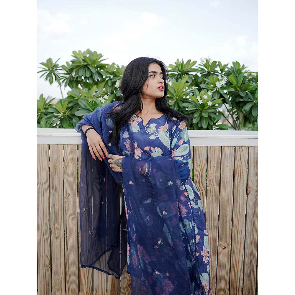 Gulabo Jaipur Muskan Blue Printed Embroidery Kurta (Set of 3)