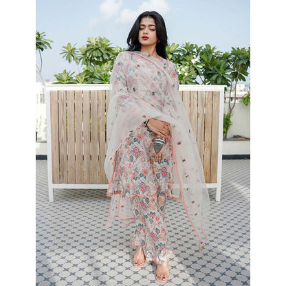 Gulabo Jaipur Muskan White And Peach Printed Embroidery Kurta (Set of 3)