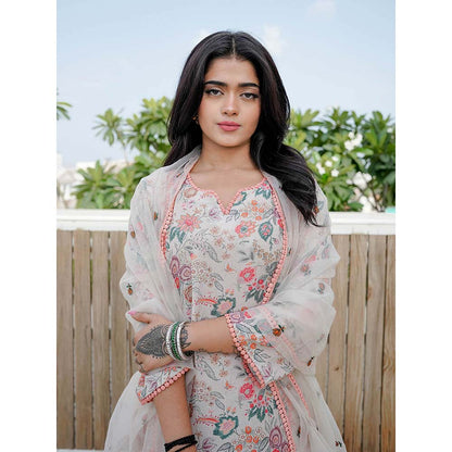 Gulabo Jaipur Muskan White And Peach Printed Embroidery Kurta (Set of 3)