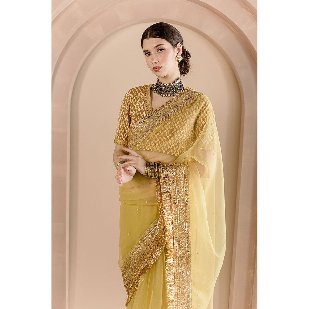 Gulabo Jaipur Gulbahar Saree-Gold with Unstitched Blouse
