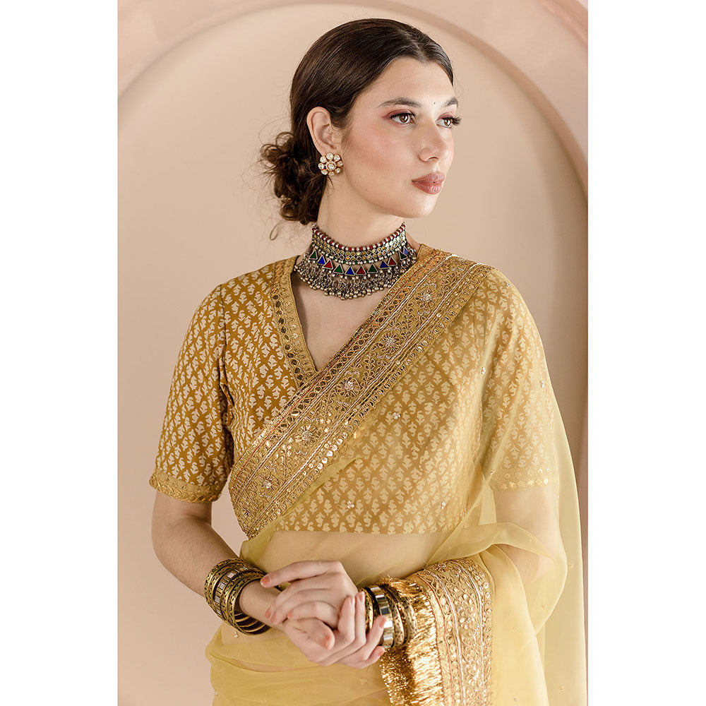 Gulabo Jaipur Gulbahar Saree-Gold with Unstitched Blouse