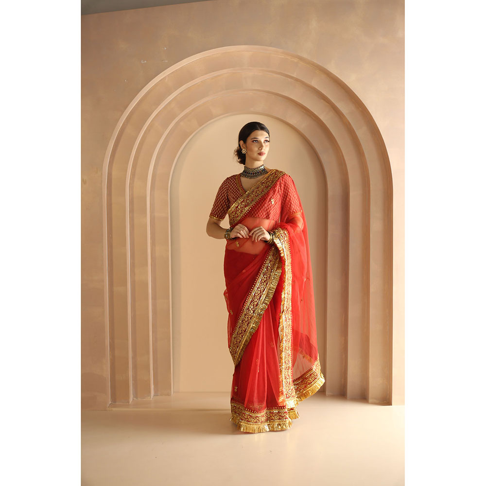 Gulabo Jaipur Gurez Saree-Red with Unstitched Blouse