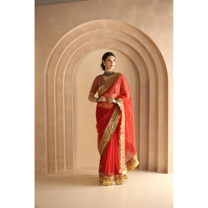 Gulabo Jaipur Gurez Saree-Red with Unstitched Blouse