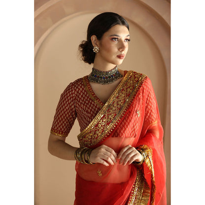 Gulabo Jaipur Gurez Saree-Red with Unstitched Blouse