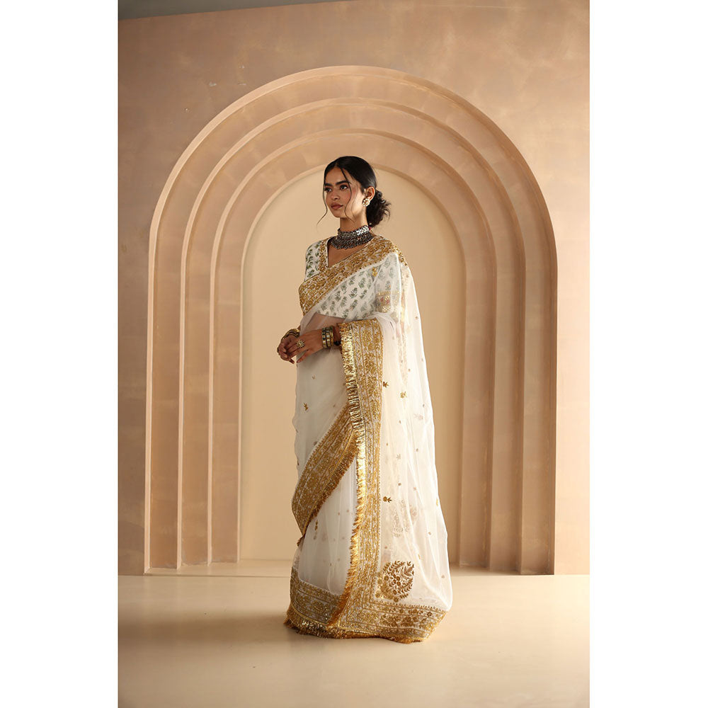 Gulabo Jaipur Gulnoor Saree-White with Unstitched Blouse