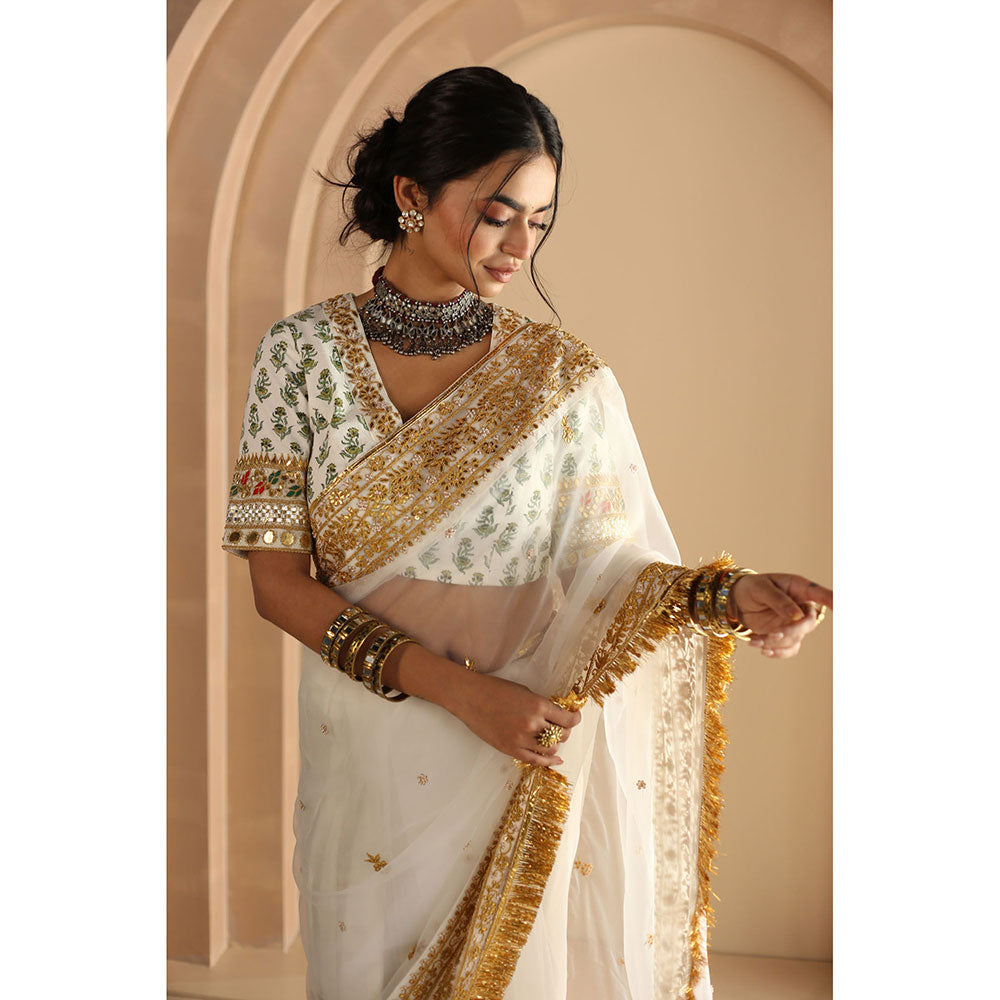 Gulabo Jaipur Gulnoor Saree-White with Unstitched Blouse