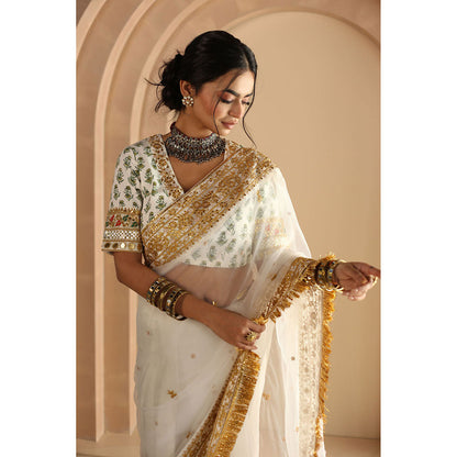 Gulabo Jaipur Gulnoor Saree-White with Unstitched Blouse