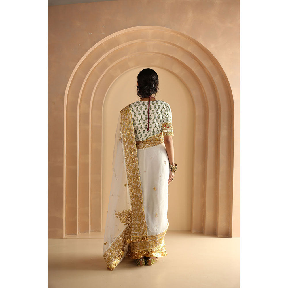 Gulabo Jaipur Gulnoor Saree-White with Unstitched Blouse