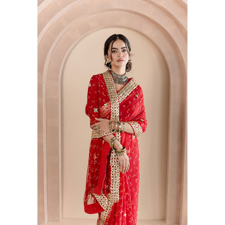 Gulabo Jaipur Gulshan Saree-Red with Unstitched Blouse