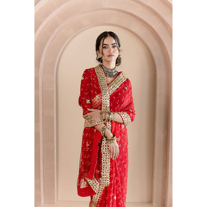 Gulabo Jaipur Gulshan Saree-Red with Unstitched Blouse