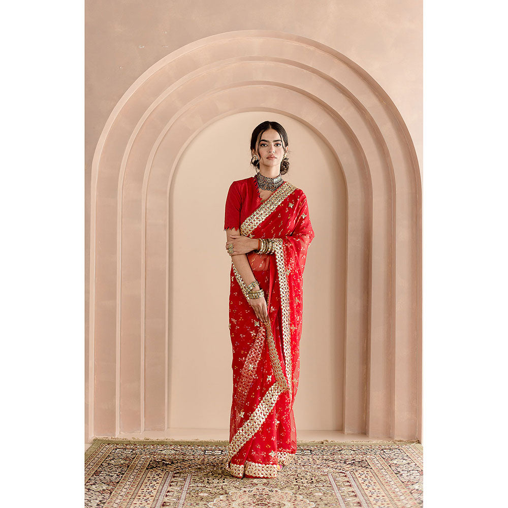 Gulabo Jaipur Gulshan Saree-Red with Unstitched Blouse