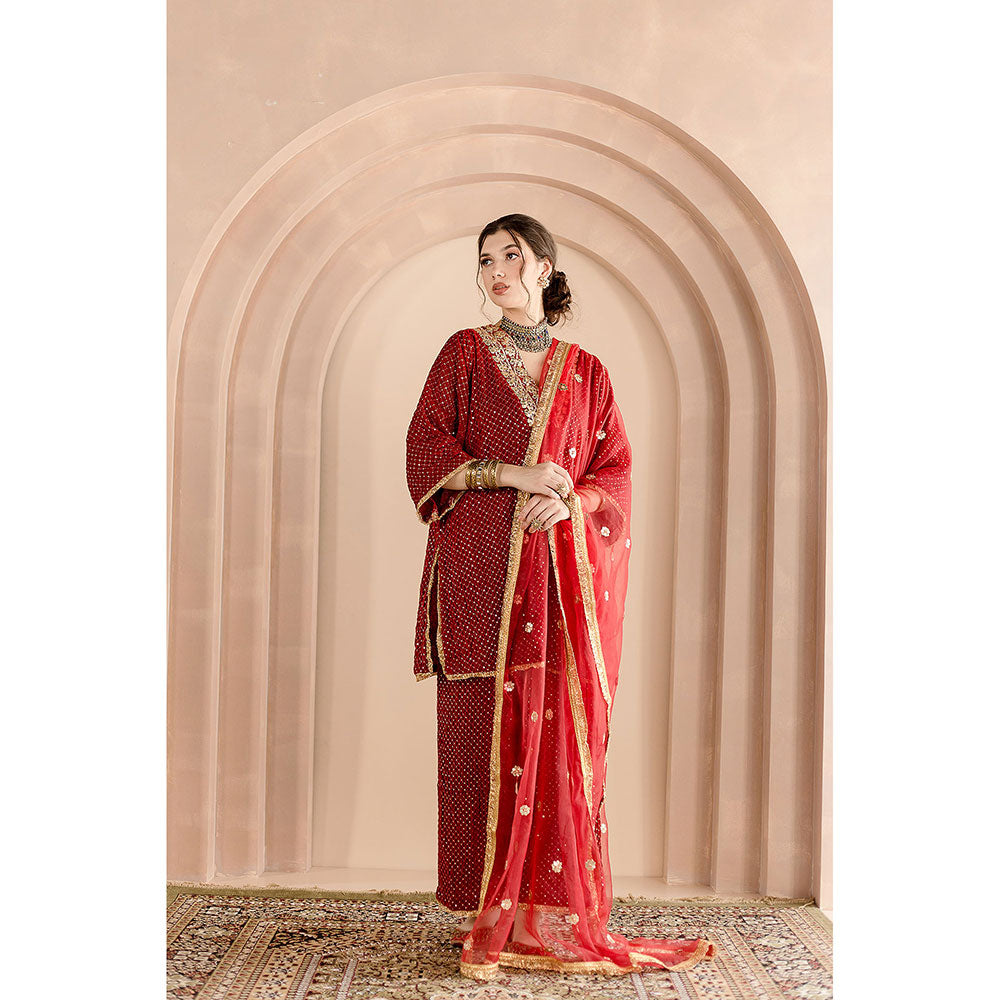 Gulabo Jaipur Gauhar Kurta and Pant-Red (Set of 3)