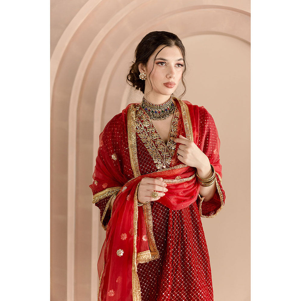 Gulabo Jaipur Gauhar Kurta and Pant-Red (Set of 3)