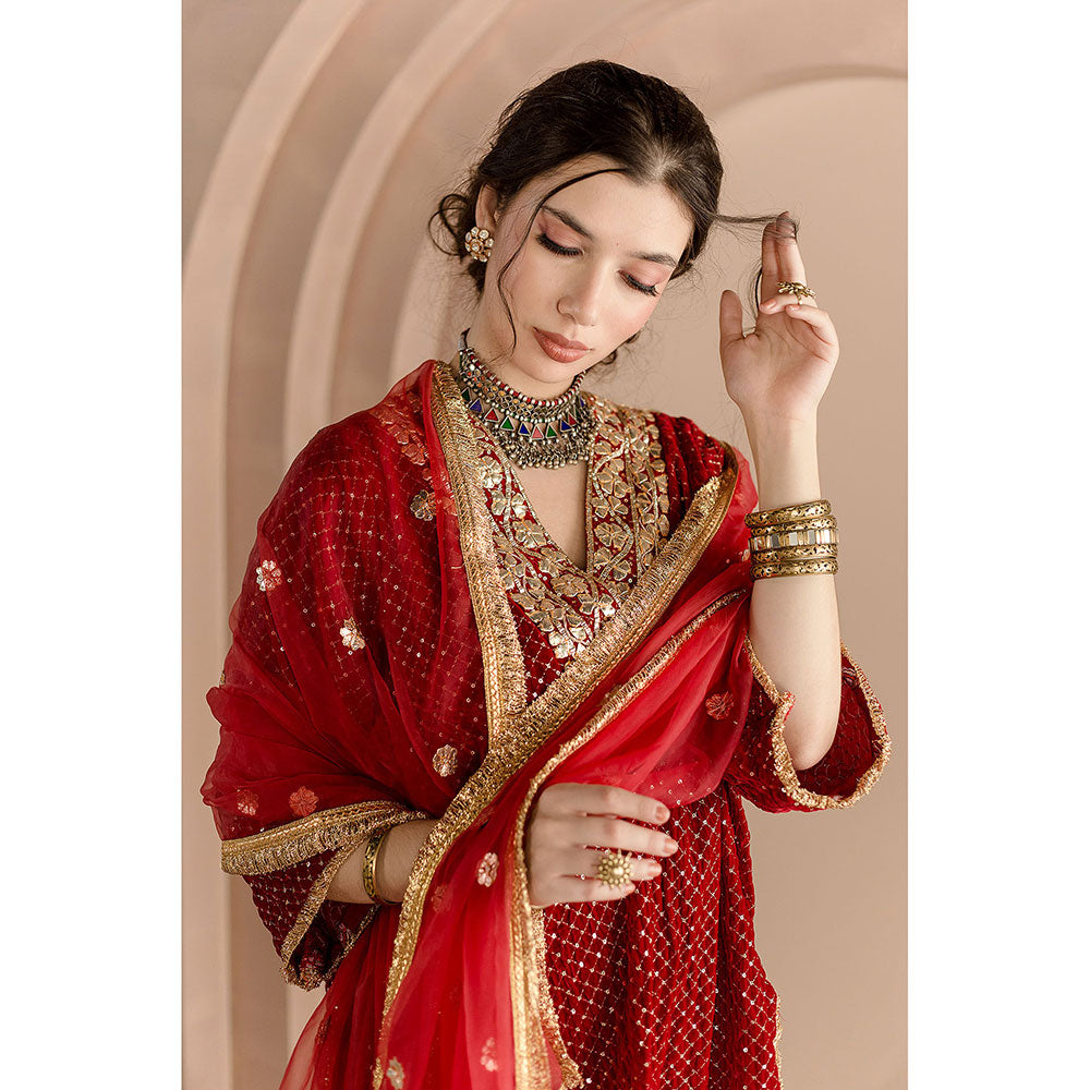 Gulabo Jaipur Gauhar Kurta and Pant-Red (Set of 3)