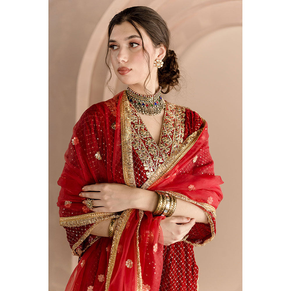 Gulabo Jaipur Gauhar Kurta and Pant-Red (Set of 3)