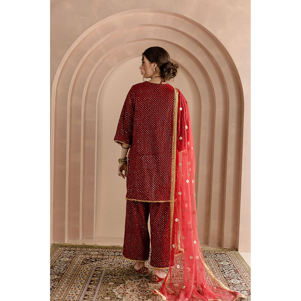 Gulabo Jaipur Gauhar Kurta and Pant-Red (Set of 3)
