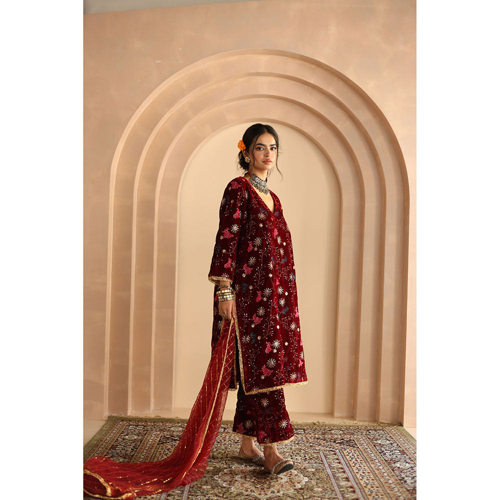 Gulabo Jaipur Chaya Kurta and Pant-Red (Set of 3)