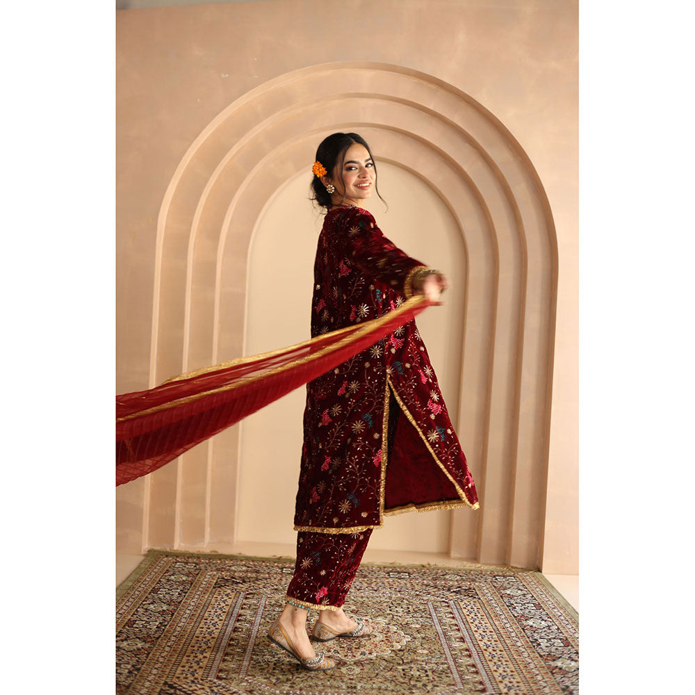 Gulabo Jaipur Chaya Kurta and Pant-Red (Set of 3)