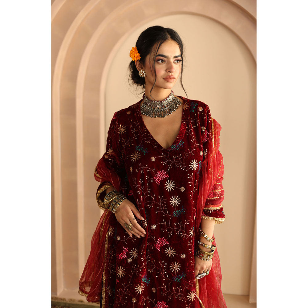 Gulabo Jaipur Chaya Kurta and Pant-Red (Set of 3)