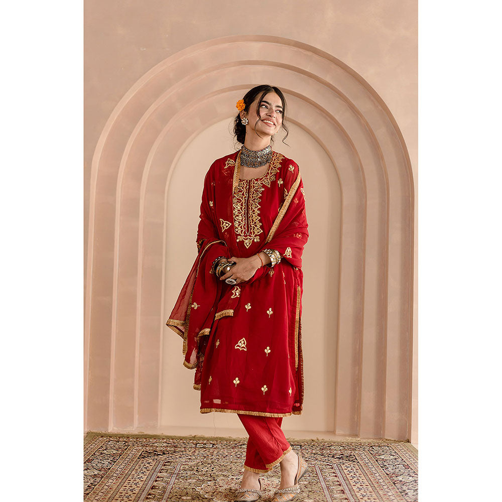 Gulabo Jaipur Shama Kurta and Pant-Maroon (Set of 3)