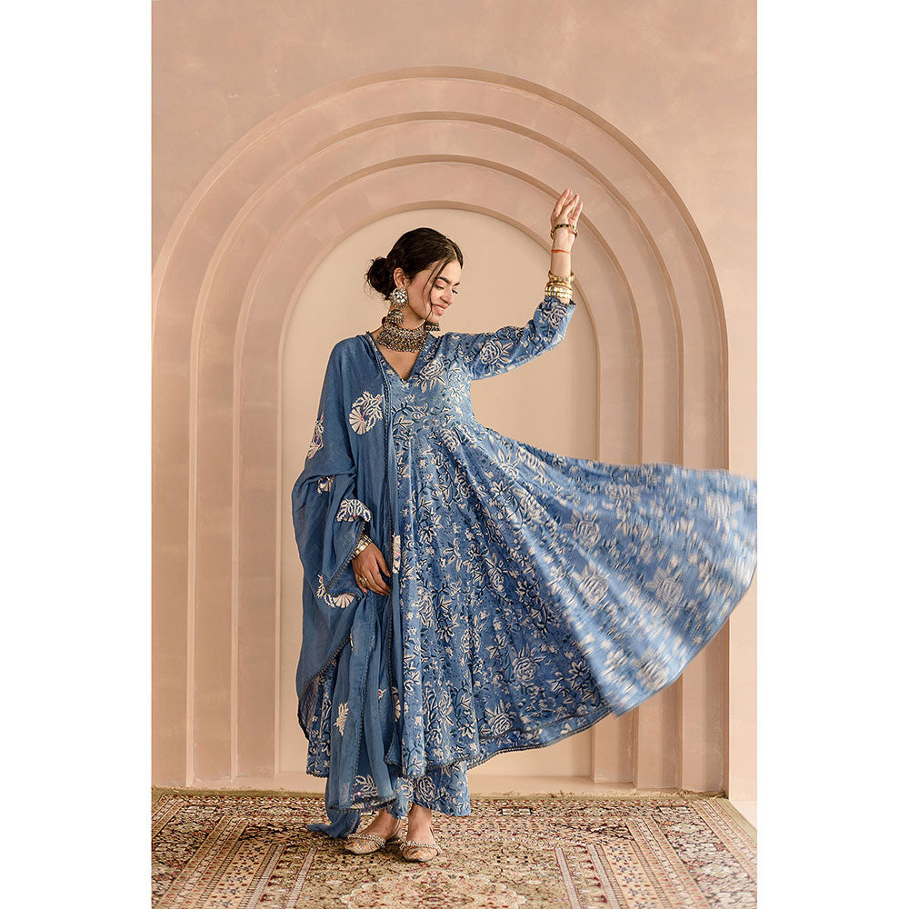 Gulabo Jaipur Shaila Anarkali-Pant with Dupatta-Blue (Set of 3)