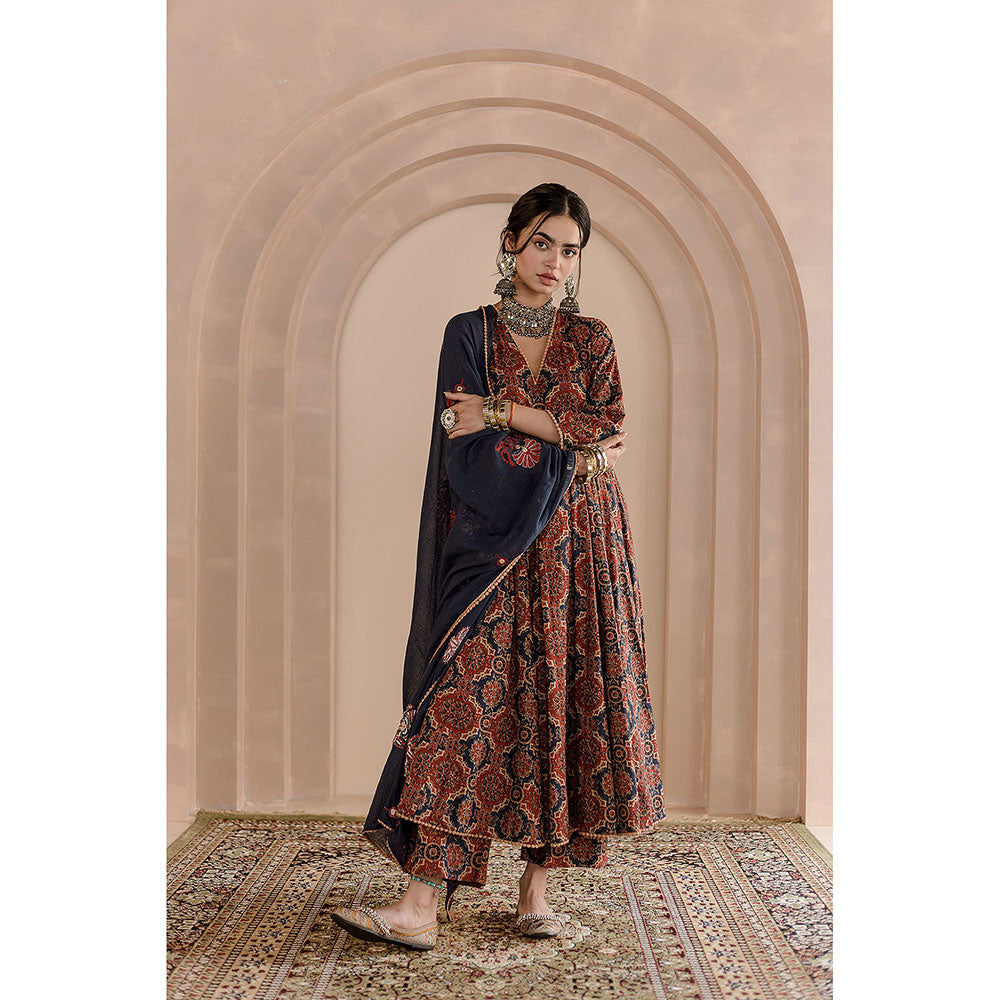Gulabo Jaipur Shaila Anarkali-Pant with Dupatta-Navy Blue (Set of 3)