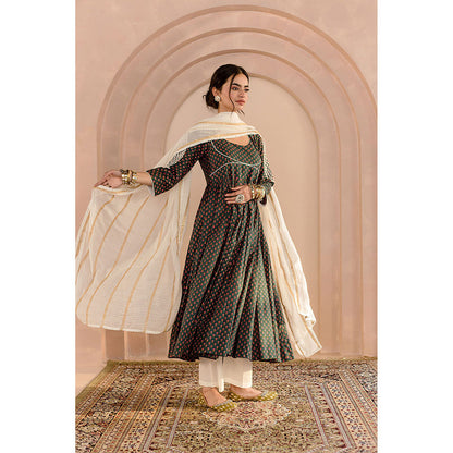 Gulabo Jaipur Shubha Anarkali-Pant with Dupatta-Green (Set of 3)