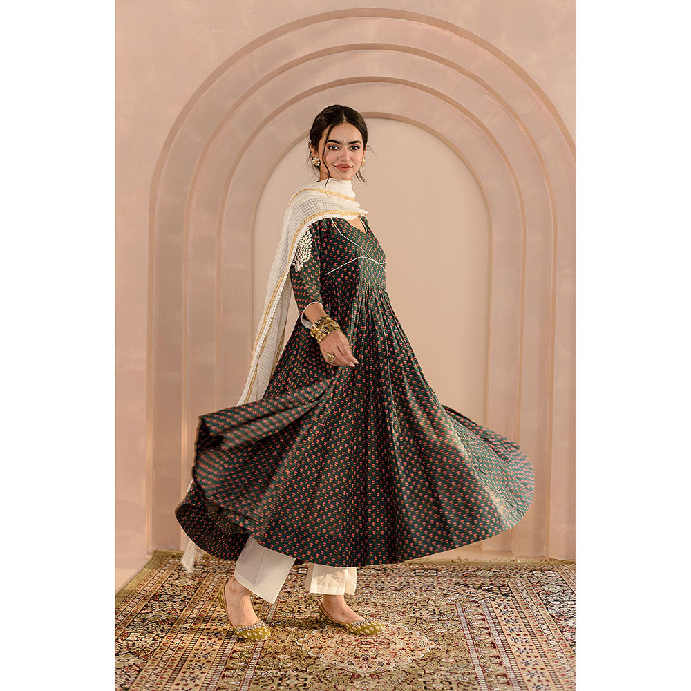 Gulabo Jaipur Shubha Anarkali-Pant with Dupatta-Green (Set of 3)
