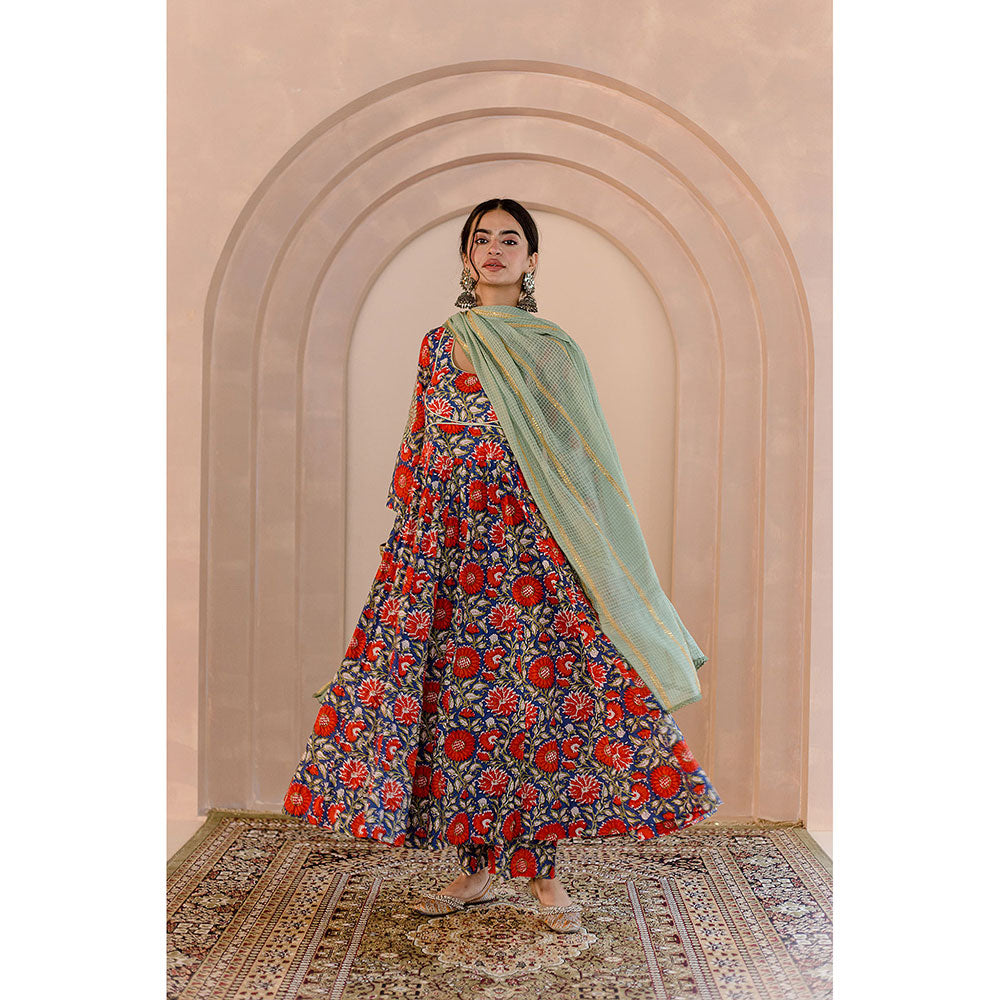 Gulabo Jaipur Shubha Anarkali-Pant with Dupatta-Blue (Set of 3)