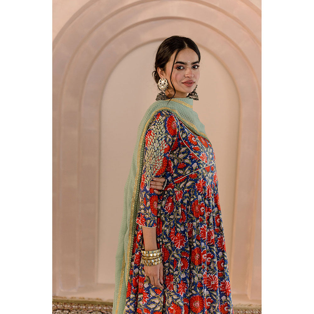 Gulabo Jaipur Shubha Anarkali-Pant with Dupatta-Blue (Set of 3)