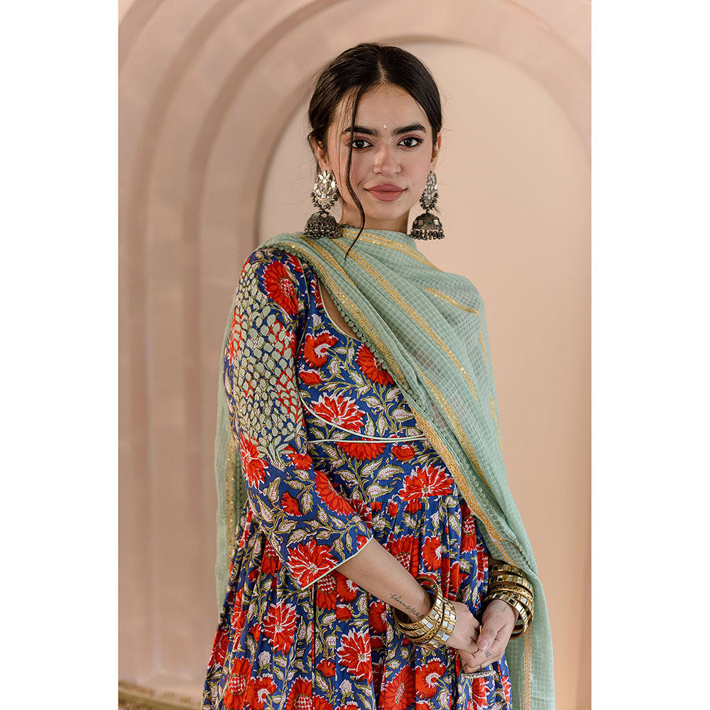 Gulabo Jaipur Shubha Anarkali-Pant with Dupatta-Blue (Set of 3)