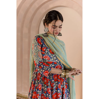 Gulabo Jaipur Shubha Anarkali-Pant with Dupatta-Blue (Set of 3)