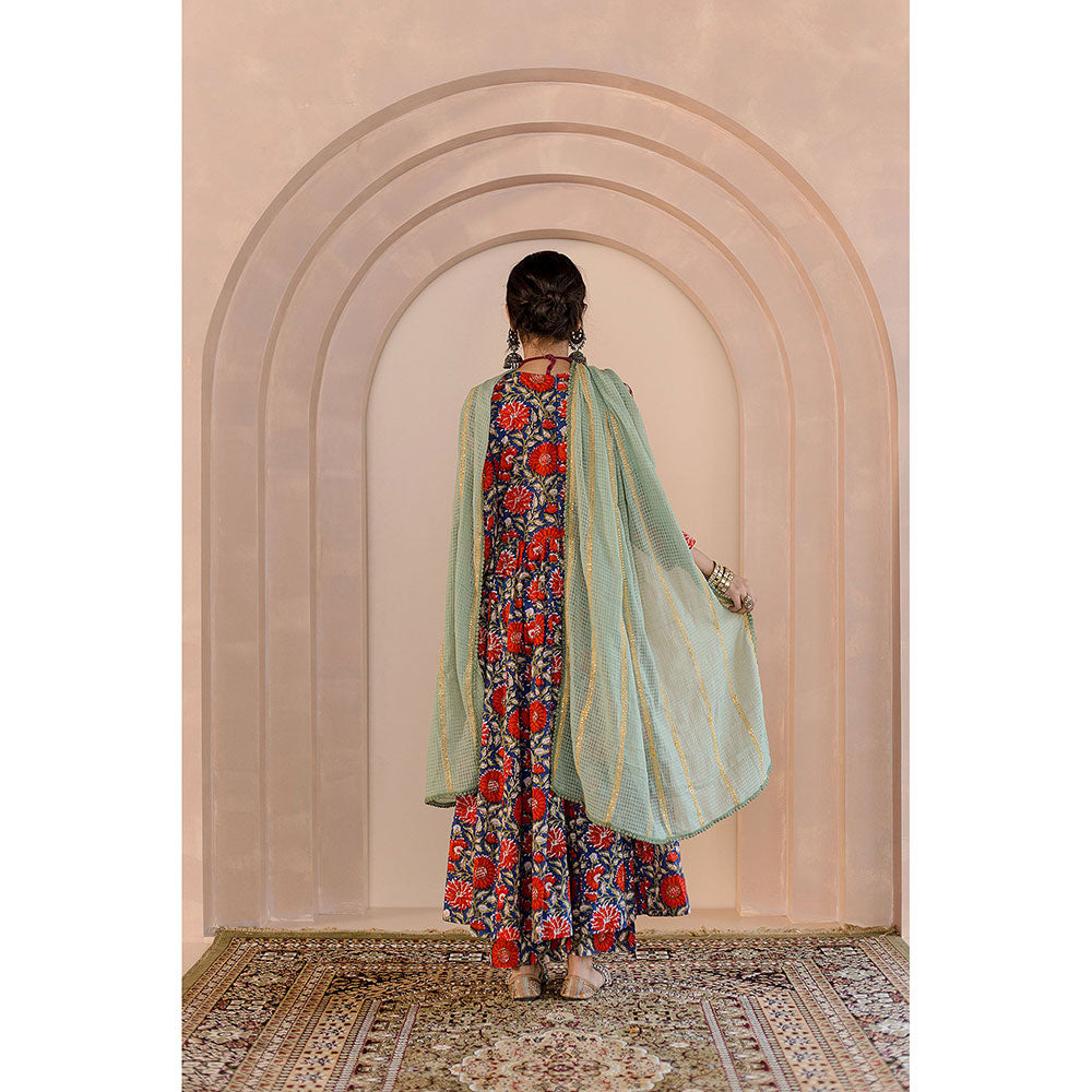 Gulabo Jaipur Shubha Anarkali-Pant with Dupatta-Blue (Set of 3)