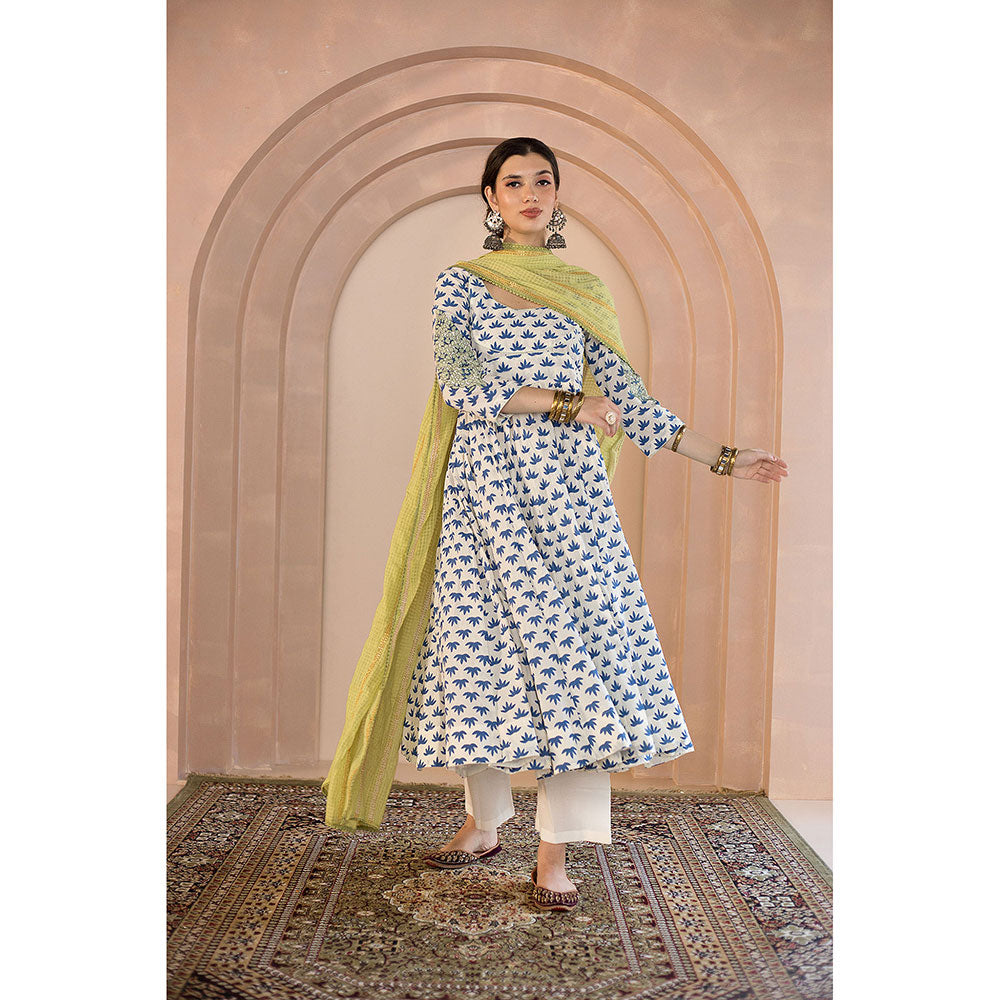 Gulabo Jaipur Shubha Anarkali-Pant with Dupatta-White (Set of 3)