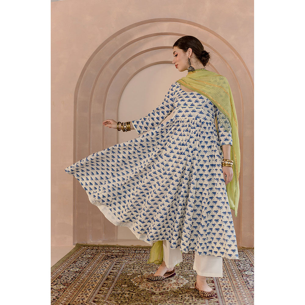Gulabo Jaipur Shubha Anarkali-Pant with Dupatta-White (Set of 3)