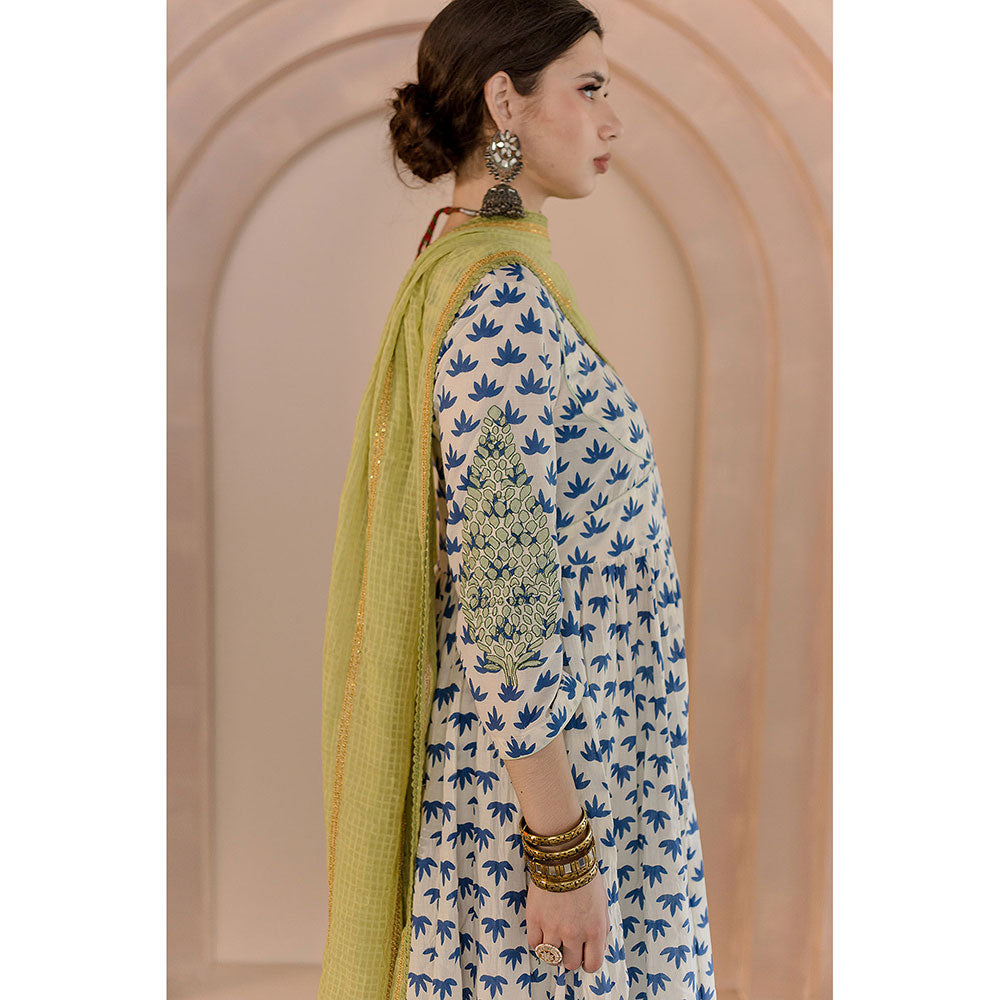 Gulabo Jaipur Shubha Anarkali-Pant with Dupatta-White (Set of 3)