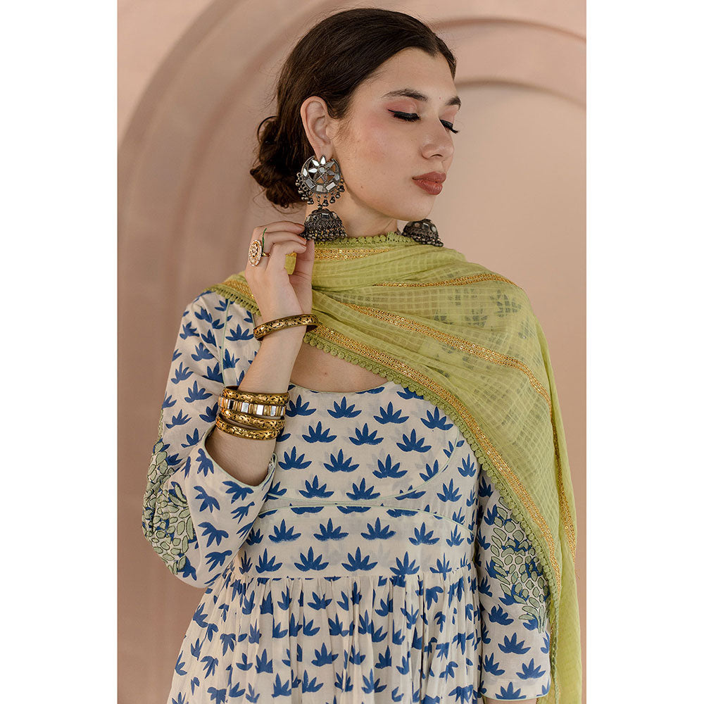Gulabo Jaipur Shubha Anarkali-Pant with Dupatta-White (Set of 3)