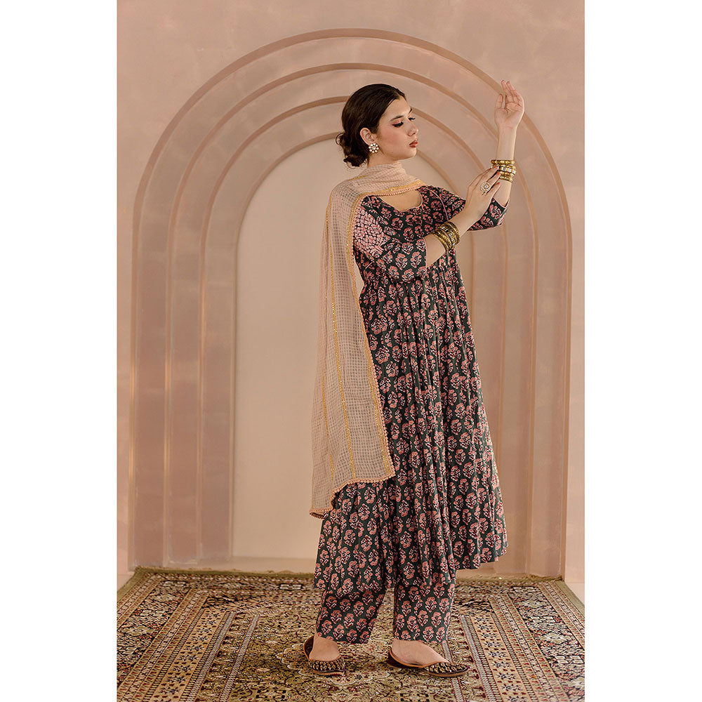 Gulabo Jaipur Shubha Anarkali-Pant with Dupatta-Green (Set of 3)