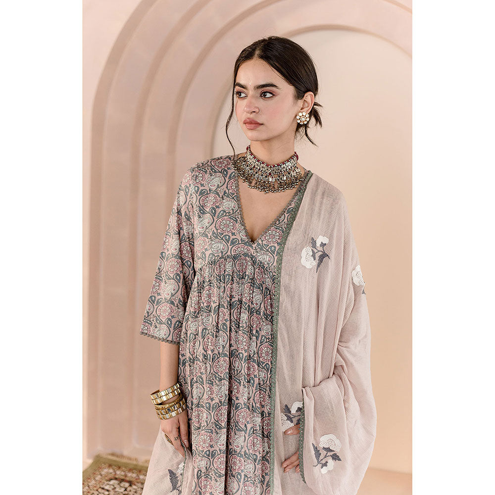 Gulabo Jaipur Sparrow Anarkali-Pant with Dupatta-Beige (Set of 3)