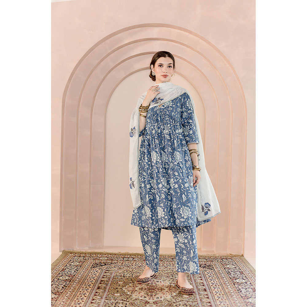 Gulabo Jaipur Sparrow Anarkali-Pant with Dupatta-Blue (Set of 3)