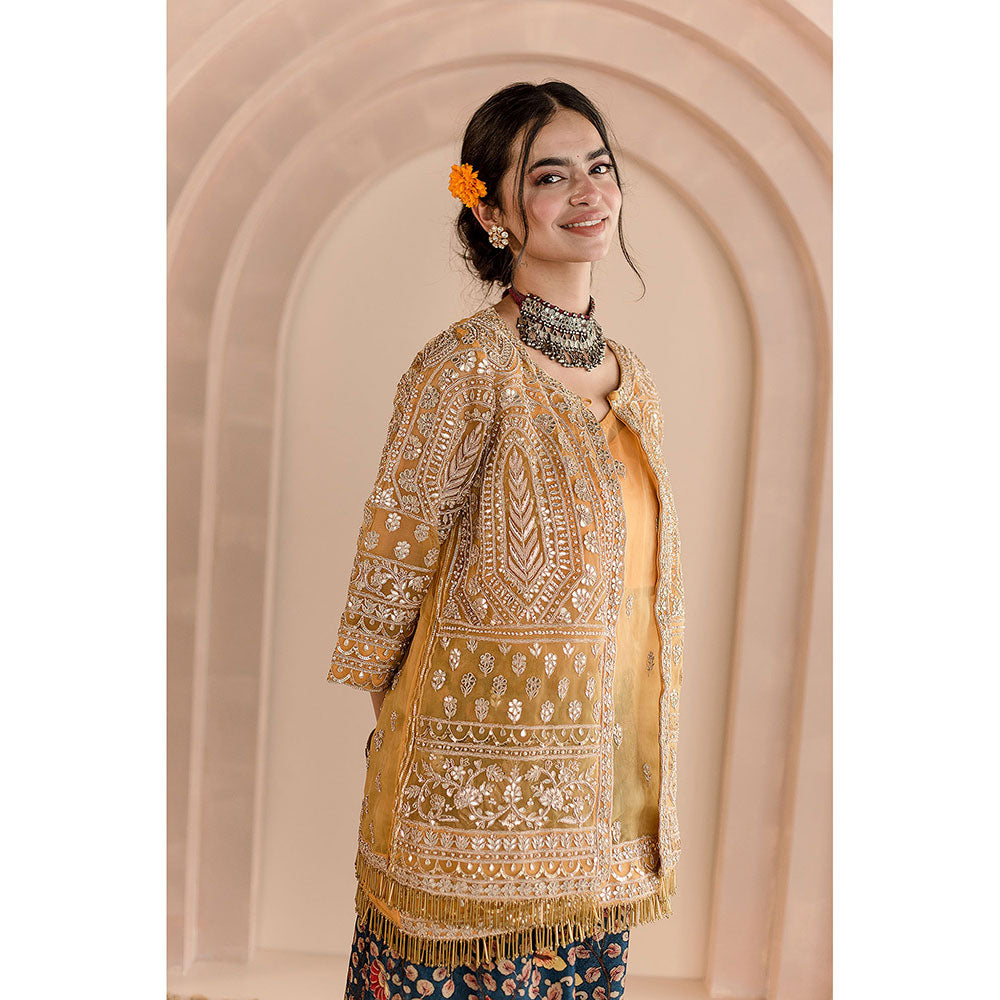 Gulabo Jaipur Sheetal Jacket-Palazzo with Top and Inner-Yellow (Set of 4)
