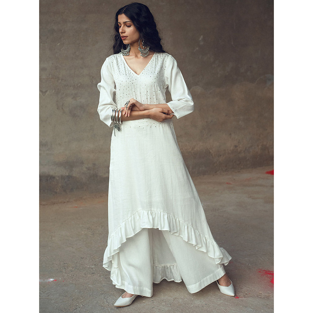 Gulaal Harsha White Ruffle Kurta With Flared Pant (Set of 2)