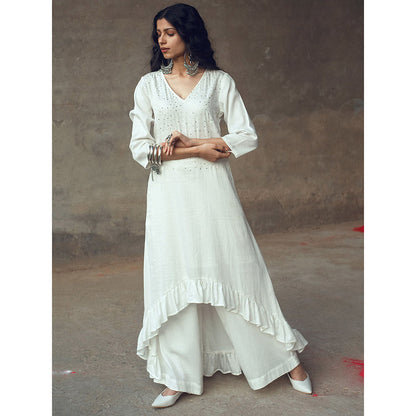 Gulaal Harsha White Ruffle Kurta With Flared Pant (Set of 2)