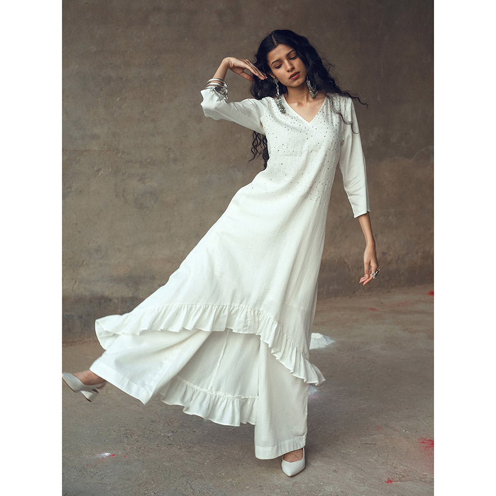 Gulaal Harsha White Ruffle Kurta With Flared Pant (Set of 2)