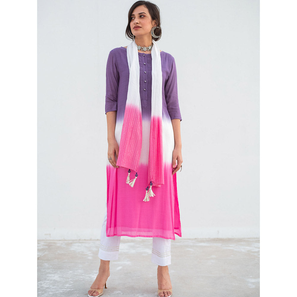 Gulaal White Rozi Dip-Dye Kurta And Pant With Dupatta (Set of 3)