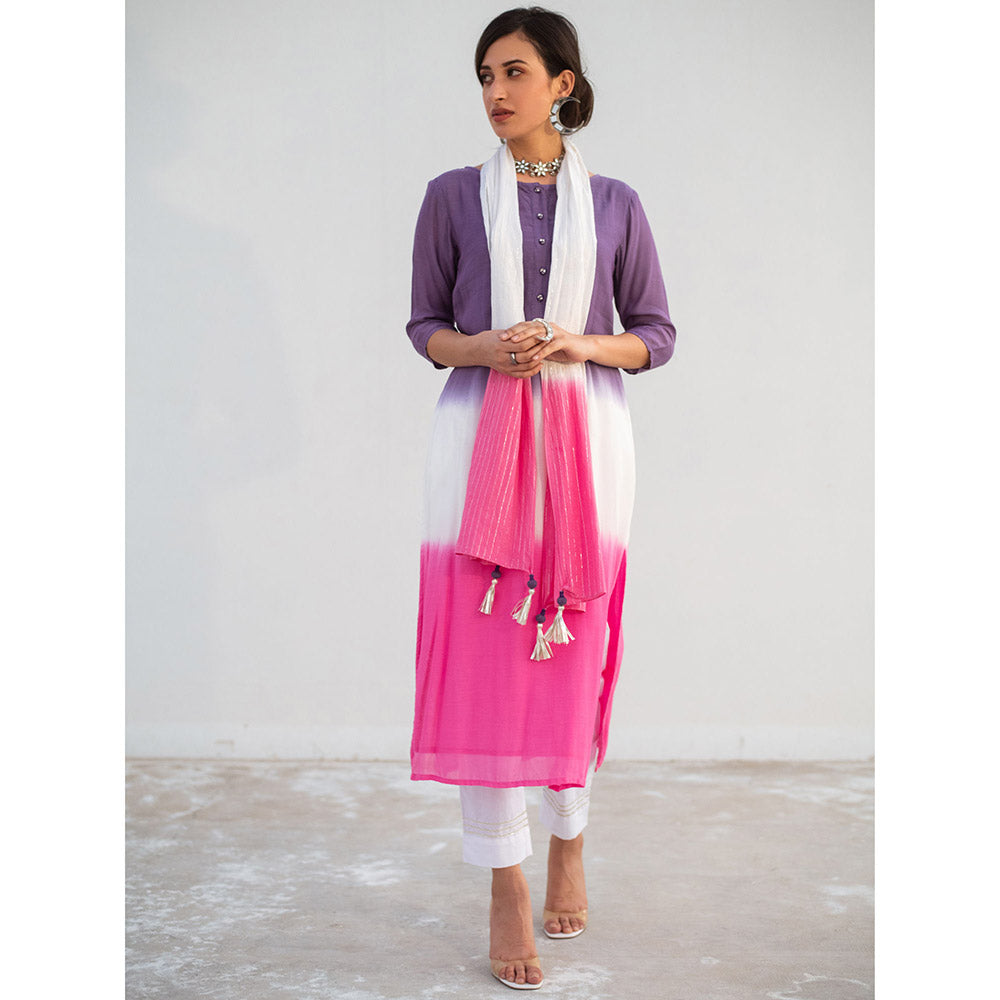 Gulaal White Rozi Dip-Dye Kurta And Pant With Dupatta (Set of 3)